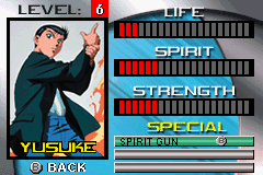 Yu Yu Hakusho: Ghost Files - Spirit Detective (Game Boy Advance) screenshot: Gaining levels increases those attributes.