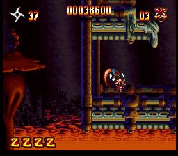 Zero the Kamikaze Squirrel (SNES) screenshot: Further in the lava level, the structures are melting