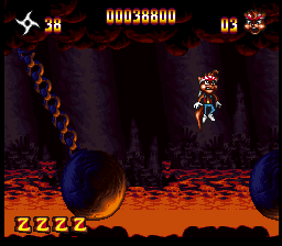 Zero the Kamikaze Squirrel (SNES) screenshot: Jump from wrecking ball to wrecking ball