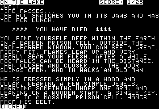 Zork III: The Dungeon Master (Apple II) screenshot: Quite worried. All the same, death is not the end...