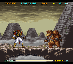 Kishin Dōji ZENKI: Battle Raiden (SNES) screenshot: Zenki, who was getting bored anyways, decides to wrestle with a four armed bear.