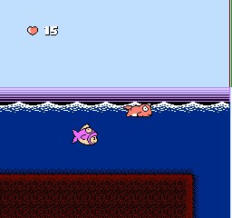 Ufouria: The Saga (NES) screenshot: I'm not sure if that fish ate a guy of if it's just a costume