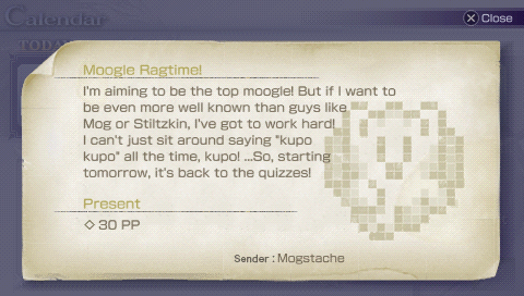 Dissidia: Final Fantasy (PSP) screenshot: You occasionally recieve letters from moogles. They may also give you PP or friend cards as presents along with those letters!