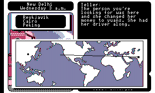Where in the World Is Carmen Sandiego? (TRS-80 CoCo) screenshot: Flying across the world