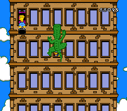 The Simpsons: Bart's Nightmare (SNES) screenshot: Bartzilla climbs a skyscraper as residents drop stuff on him