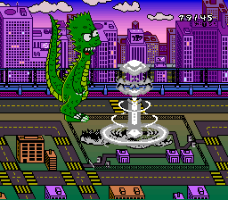 The Simpsons: Bart's Nightmare (SNES) screenshot: Bartzilla destroys Springfield