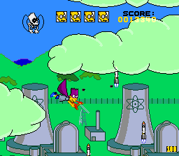The Simpsons: Bart's Nightmare (SNES) screenshot: The clouds above the power plant are toxic to the touch
