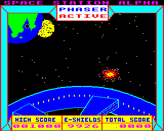 Space Station Alpha (BBC Micro) screenshot: Enemy getting shot down