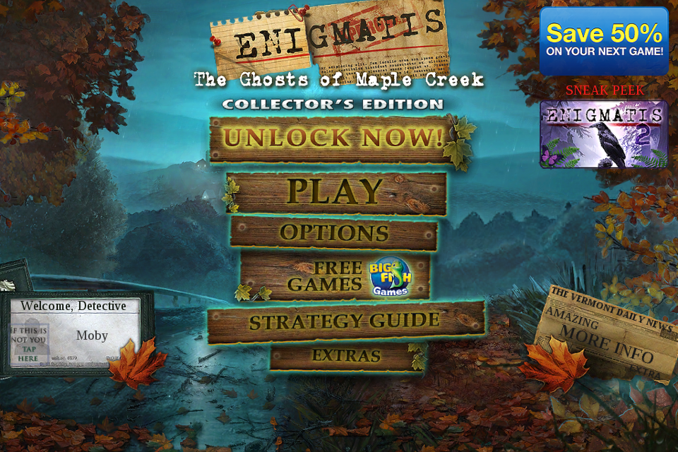 Enigmatis: The Ghosts of Maple Creek (Collector's Edition) (iPhone) screenshot: Title and main menu