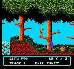 Moon Crystal (NES) screenshot: Standing on a tree branch