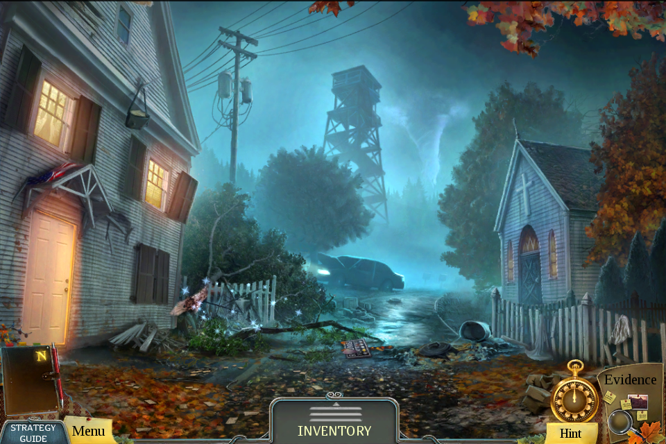 Enigmatis: The Ghosts of Maple Creek (Collector's Edition) (iPhone) screenshot: I went into town. There is a hidden object area at center left.