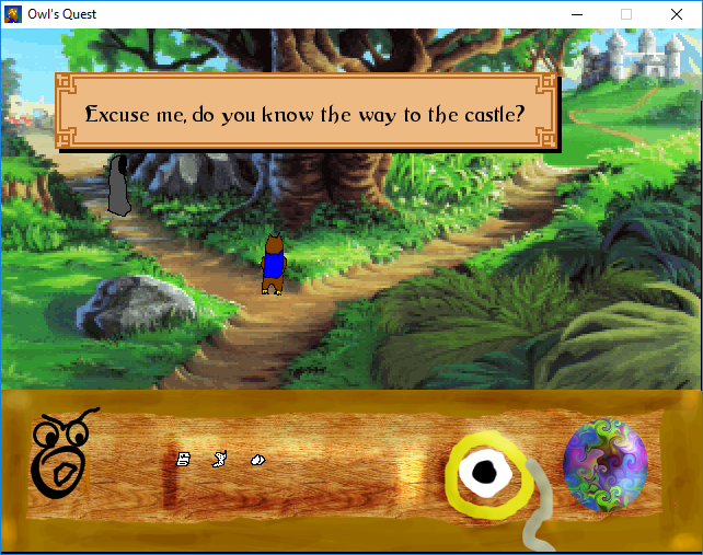 Owl's Quest: Every Owl Has Its Day (Windows) screenshot: Cloaked figure is asking for the way to a castle