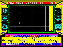 The Planets (ZX Spectrum) screenshot: The white rectangle represents an approximate place where the capsule is located. Landed the craft perfectly.