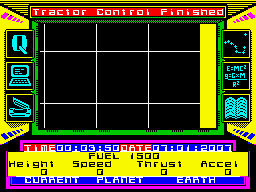 The Planets (ZX Spectrum) screenshot: Launching the surface craft into Earth's atmosphere. Automatic tractor until 10000 metres of altitude.