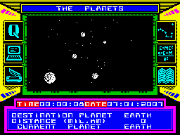 The Planets (ZX Spectrum) screenshot: Travelling to planet Earth. Our captain was told a mysterious capsule has landed in Europe.