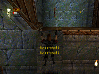 Ian Livingstone's Deathtrap Dungeon (PlayStation) screenshot: Climbing the platform.