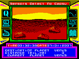 The Planets (ZX Spectrum) screenshot: The surface craft's panoramic view of Venus surface.