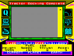 The Planets (ZX Spectrum) screenshot: Being captured by the tractor of the mother ship. The player has to reach 10 km height with a speed lower than 20 metres p/s.