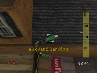 Dave Mirra Freestyle BMX: Maximum Remix (PlayStation) screenshot: Landing on top of a house.