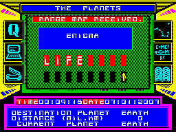 The Planets (ZX Spectrum) screenshot: Let's try to decode the ENIGMA of the capsule. LIFE should do it, at least that's what is said on the instructions.
