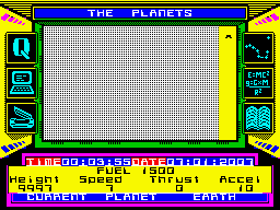 The Planets (ZX Spectrum) screenshot: The craft is in free fall from now on. The player has to take commands and land it safely with a speed lower than 20 metres p/s.