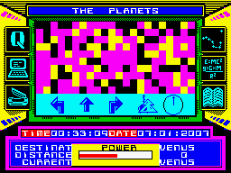 The Planets (ZX Spectrum) screenshot: The robot explorer's SPECTROVISOE analysis of the terrain. Rocks, turbulent liquid and plain.