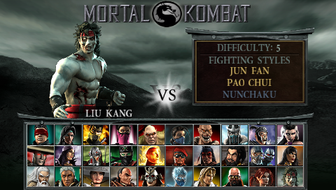 Mortal Kombat: Unchained (PSP) screenshot: Choosing a player -- Liu Kang doesn't look too hot