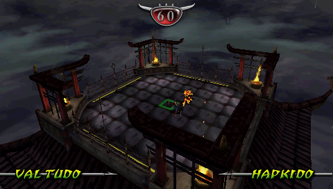 Mortal Kombat: Unchained (PSP) screenshot: Nightwolf vs Blaze on a temple rooftop