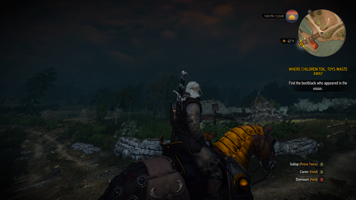 The Witcher 3: Wild Hunt (Xbox One) screenshot: Players can not only travel on foot, but have a trusty steed called Roach