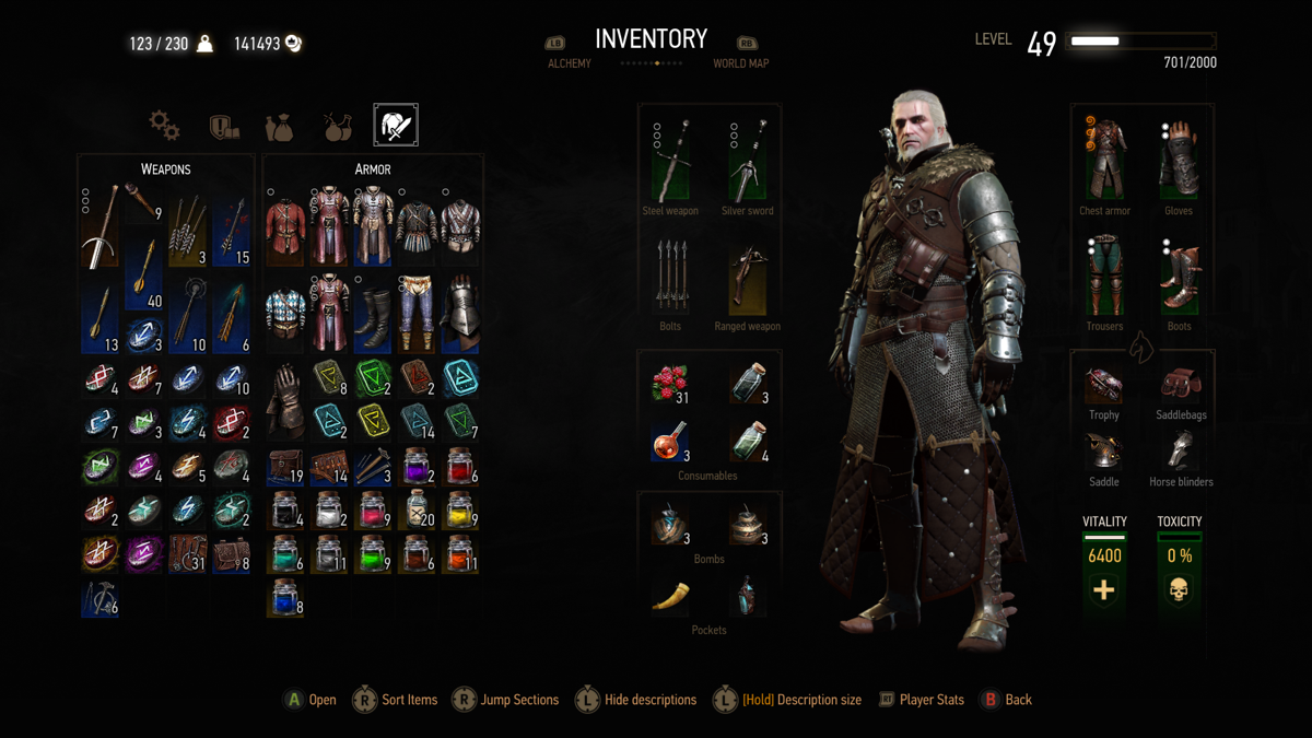The Witcher 3: Wild Hunt (Xbox One) screenshot: Managing the inventory