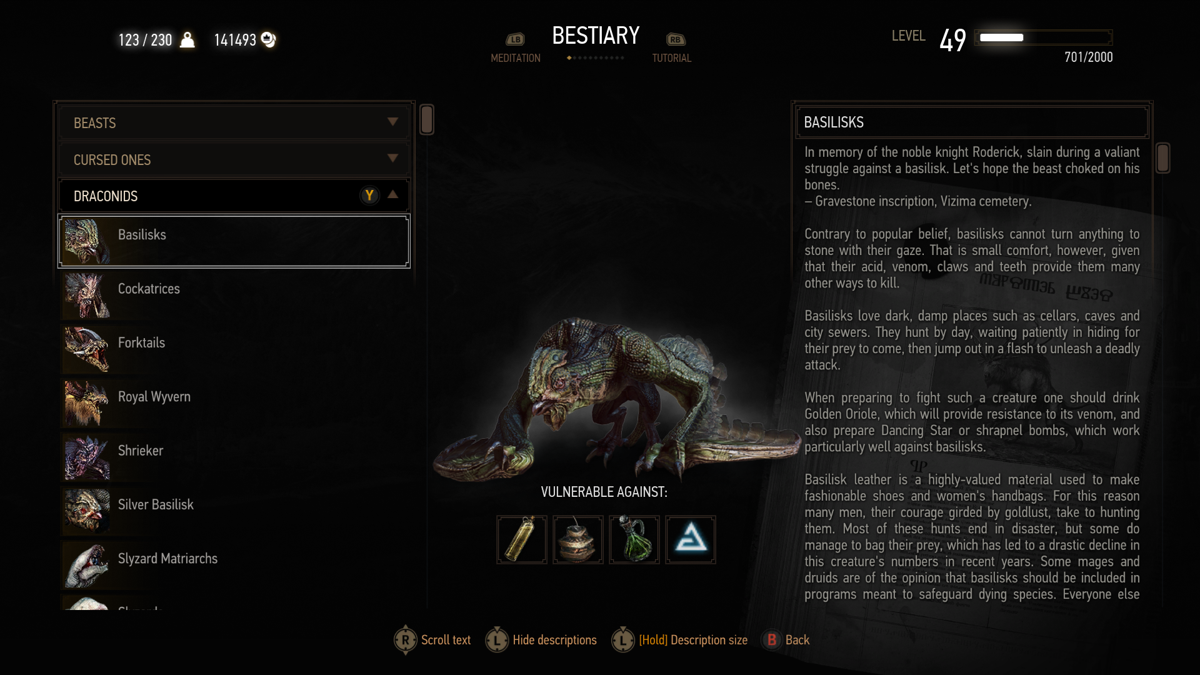 The Witcher 3: Wild Hunt (Xbox One) screenshot: Looking in the Bestiary to search for enemies weaknesses en strengths