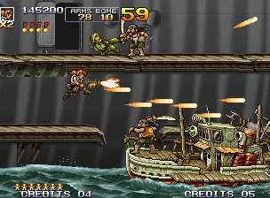 Metal Slug 4 (Neo Geo) screenshot: The classic Metal Slug 1's ship makes an appearance here: it's now commanded by swording pirates.