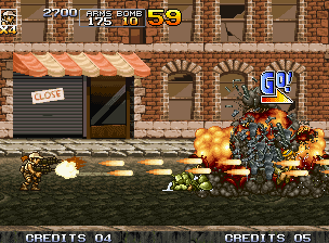 Metal Slug 4 (Neo Geo) screenshot: The first enemy squad was eliminated thanks to a new introduced arm, the Dual Machine Gun.