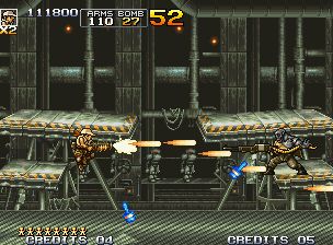 Metal Slug 4 (Neo Geo) screenshot: After defeating the bearded soldier during Final Mission, he reveals his true form: he's an android!