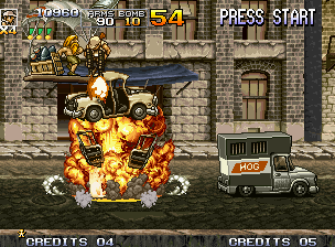 Metal Slug 4 (Neo Geo) screenshot: Sometimes, you must destroy cars to gain propulsion and pick hostages and collect bombs or ammo.