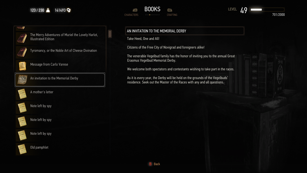 The Witcher 3: Wild Hunt (Xbox One) screenshot: The Glossary, A list of all books read by the player