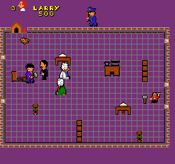 The Three Stooges in Brides is Brides (Arcade) screenshot: This is only the first round and two people have already been hit with pies to the face!