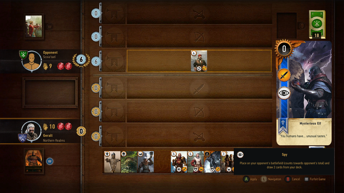 The Witcher 3: Wild Hunt (Xbox One) screenshot: Let's use a spy card, which lets me drawn another card from my pile