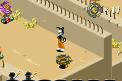 Animaniacs: Lights, Camera, Action! (Game Boy Advance) screenshot: There is a time limit, which is displayed be film reels which are slowly used up. To gain more time, we need to collect more reels in the level.