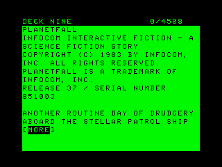 Planetfall (TRS-80 CoCo) screenshot: Title and first part of the introduction