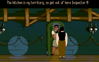 Cruise for a Corpse (Amiga) screenshot: The cook thinks she is the supreme master of the ship's kitchen...