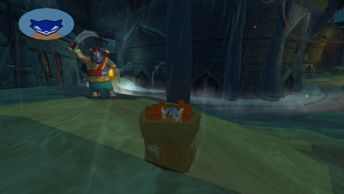 Sly 2: Band of Thieves (PlayStation 3) screenshot: Sly hiding in a barrel of TNT. If a guard sees the barrel move it's instant death.