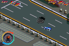 Hot Wheels: All Out (Game Boy Advance) screenshot: Trying my best not to hit the manhole...