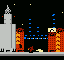 King Kong 2: Ikari no Megaton Punch (NES) screenshot: I wonder if that's Konami's headquarters in the background