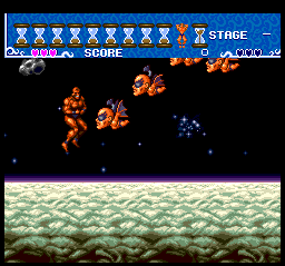 Ai: Chō Aniki (TurboGrafx CD) screenshot: Attacked by insane jumping fish. Or whatever they are
