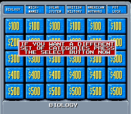 Jeopardy! (SNES) screenshot: The player has the ability to change the category set