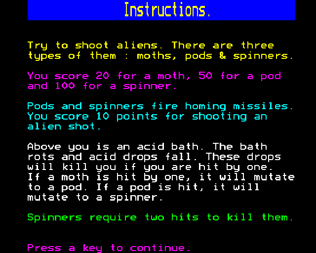 Acid Drops (BBC Micro) screenshot: Instructions, page 1