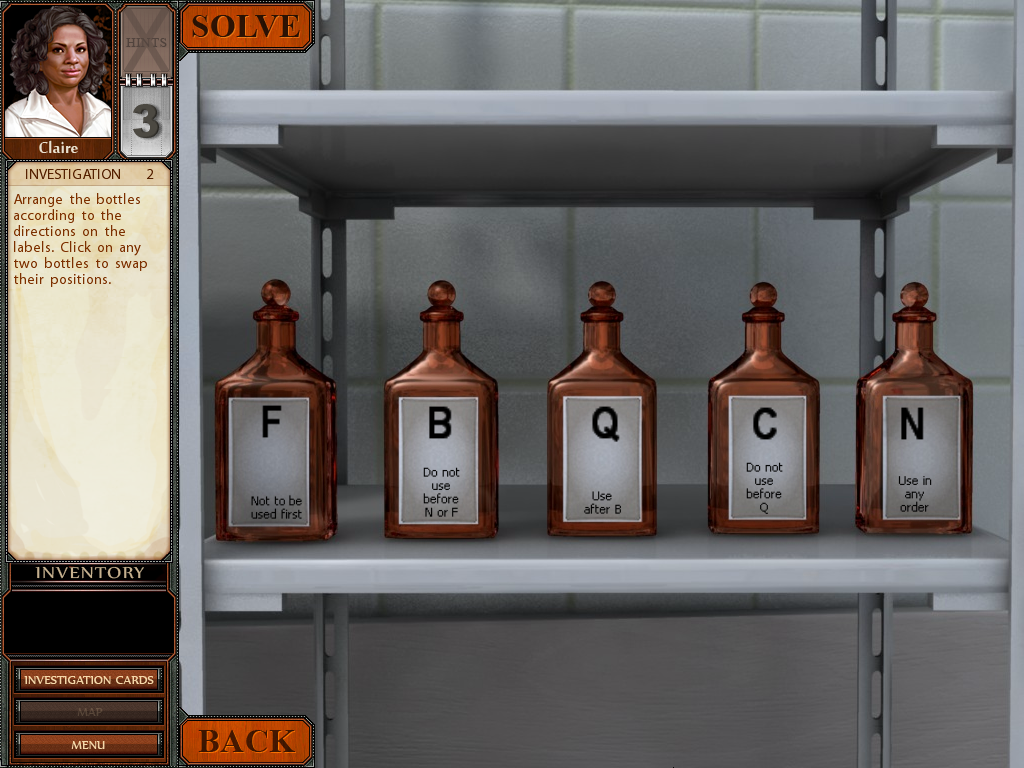 James Patterson: Women's Murder Club - Twice in a Blue Moon (Windows) screenshot: Bottle sequence puzzle