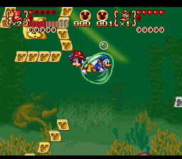 Disney's Magical Quest 3 starring Mickey & Donald (SNES) screenshot: Underwater stage. It's slow, and you need to refill your oxygen constantly