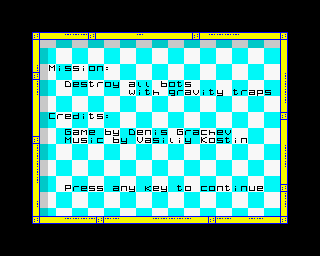 Gravibots (ZX Spectrum) screenshot: Info: mission and credits.